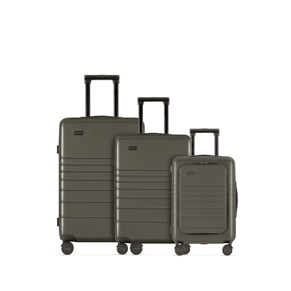 Set med 3 Eternitive E3 resväskor / TSA kombinationslås / storlek S + M + L / olivgrön / kabinväska med extra ficka och USB-C- och USB-A-port / 360° s