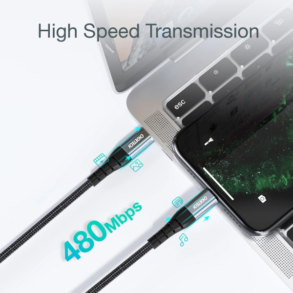Choetech IP0042 MFi USB-C - Lightning Kabel 480Mb/s 3A 3m - Svart