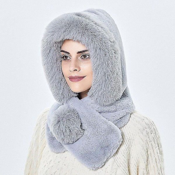 Höst- och vintervarm halsduk för kvinnor, plyschhalsduk, ett stycke huvudbonad, öronvärmare, vindtät ridning, mjuk och fluffig hatt White