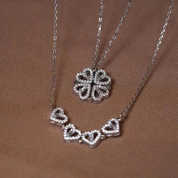 Magnetiskt Silver Halsband - Fyrblad / Hjärta med Rhinestones silver