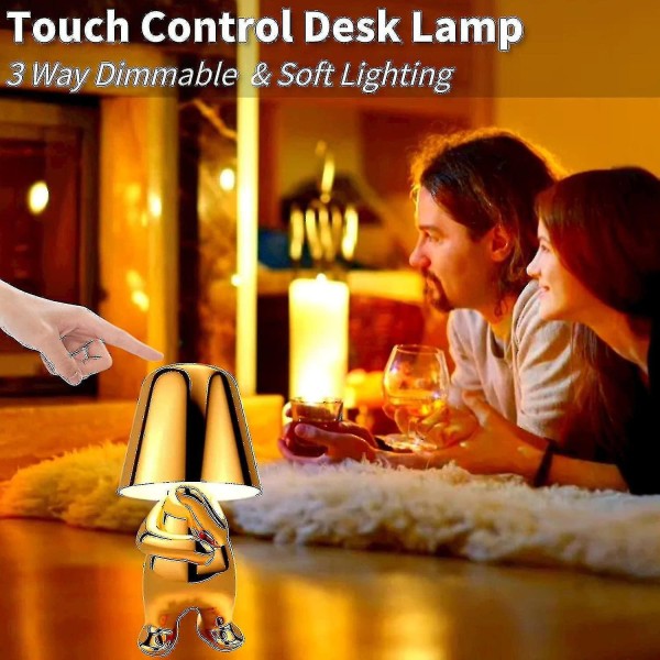Sängbordslampa med touch-funktion, guld Thinker-lampa, skrivbordslampa, sladdlös, uppladdningsbar, bärbar, dekorativ nattbordslampa med USB-laddning silver D