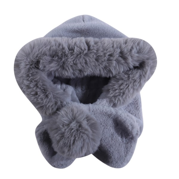 Höst- och vintervarm halsduk för kvinnor, plyschhalsduk, ett stycke huvudbonad, öronvärmare, vindtät ridning, mjuk och fluffig hatt Grey