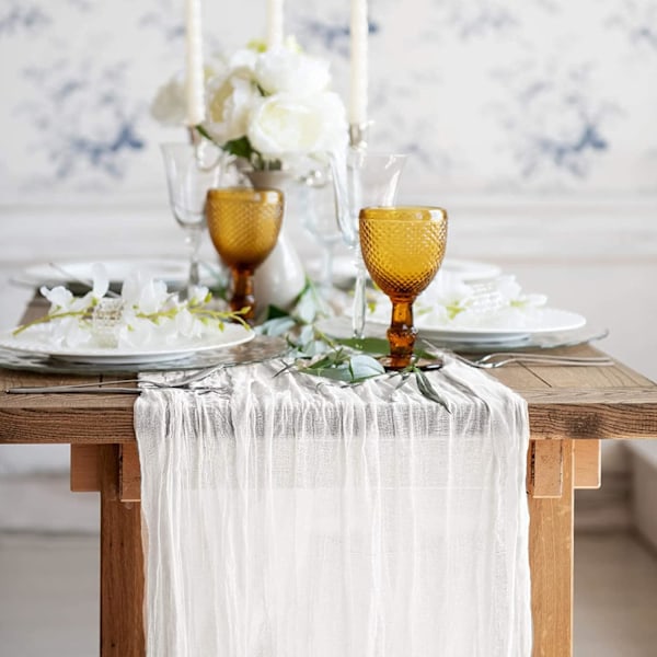 Bröllopstyg gardiner mjuka bordslöpare plisserad bohemisk stil bröllop födelsedag ceremoni dekoration bord 90 × 300CM vit White