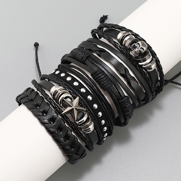Nya tillbehör personlighet handgjorda läderarmband enkelt flerlagers DIY 6-delars set kombination pojke flicka punk smycken dödskallearmband svart