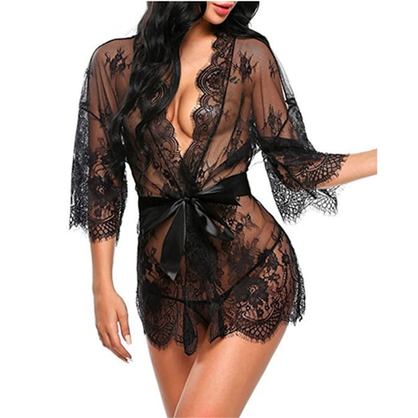 Kvinna Mode Transparent Spets Cutout Spets Sexig Nattlinne - hög kvalitet svart XL black
