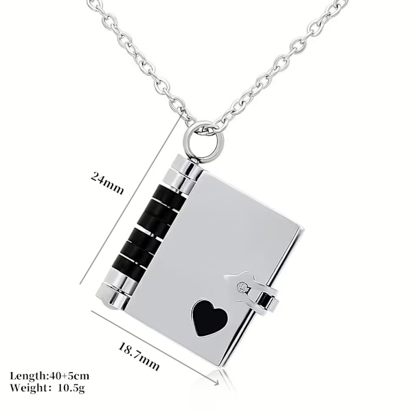 Halsband för par i rostfritt stål, bokformat, öppningsbart album, kärleksbrev, lås, kedja, pläterat äkta guld, smycken, Alla hjärtans dag-present, minnessak, svart (tom) Style 2 Silver