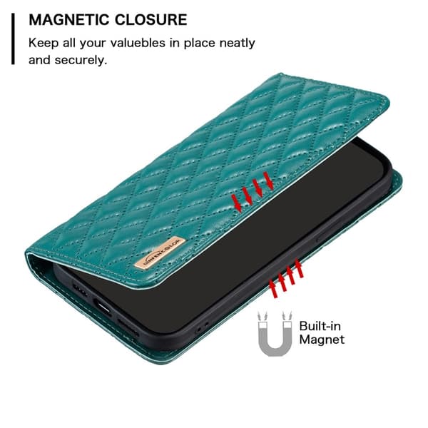 iPhone 16 Plus Diamant Flip Snap-On Läderfodral (Grön)