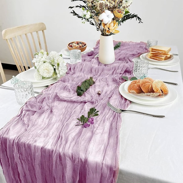 Bröllopstyg gardiner mjuka bordslöpare plisserad bohemisk stil bröllop födelsedag ceremoni dekoration bord 90×300CM, lila rosa Purple