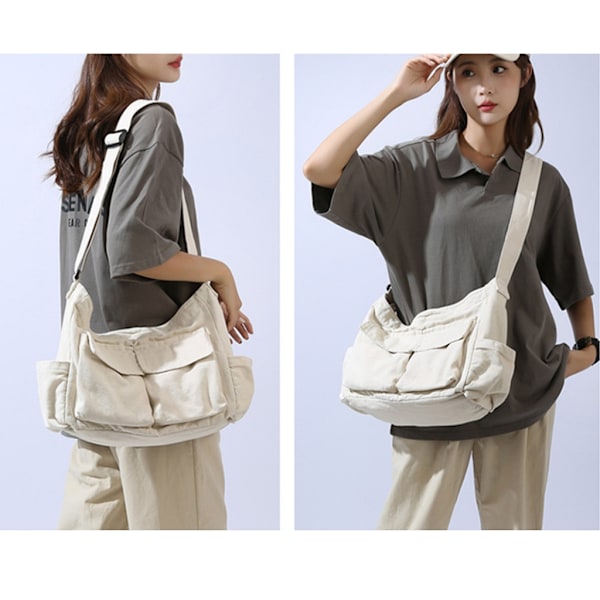 Konstnärlig och unisex skolcrossbody axelväska i solid färg med stor kapacitet, casual canvas studentväska för både pojkar och flickor Beige
