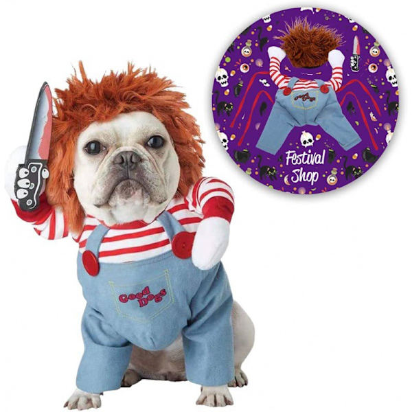 Hund Dödsdocka Kostym Skrämmande Halloween Cosplay Chucky Doll Hund Kostym Rem Byxor med Kniv Bär Hatt Rolig Fest Rolig Jul Kostym XL