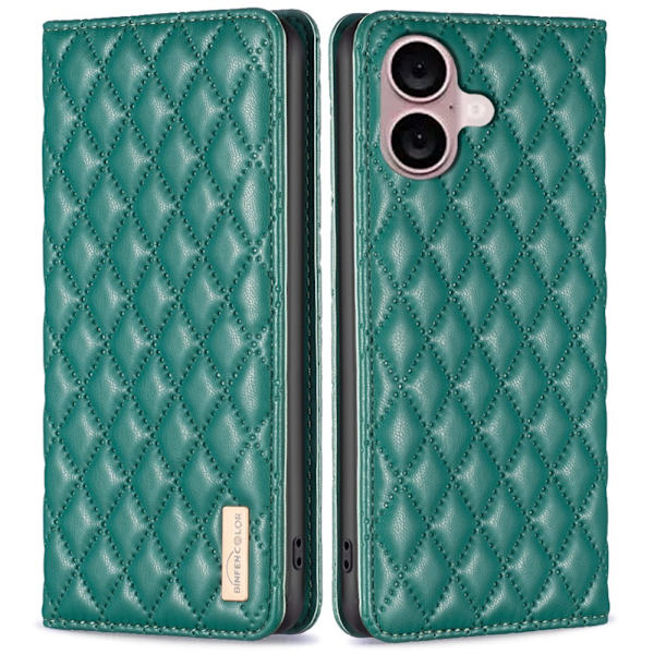 iPhone 16 Plus Diamant Flip Snap-On Läderfodral (Grön)