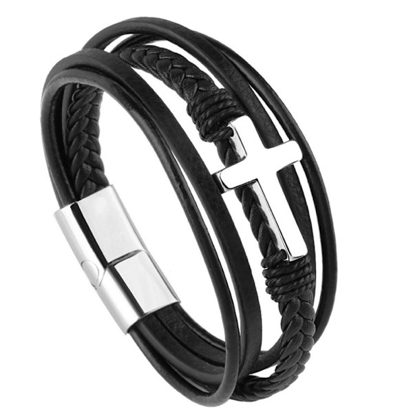 Stilrent Högkvalitativt PU-Läder Kors Armband Silver 21CM Silver