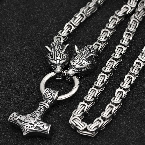 Rostfritt Stål Viking Wolf Smycken Kvadratisk Kedja Titanstål Thor Hammer Hängsmycke Halsband Mäns Kejsare Kedja