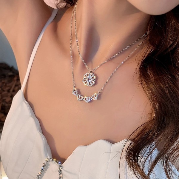 Magnetiskt Silver Halsband - Fyrblad / Hjärta med Rhinestones silver