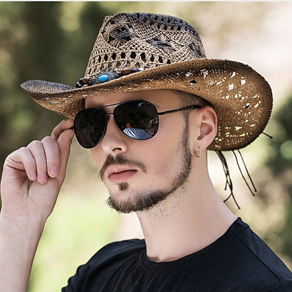 JFJC Halm Cowboy Cowgirl-hatt för män, kvinnor, bredbrättad, ihålig solhatt som andas med pärlband, västerländsk stil för strandresor utomhus