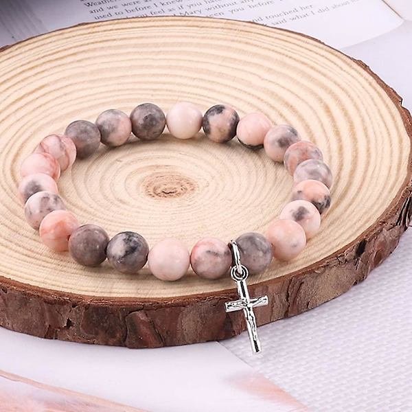 8mm rosa zebra armband med böntext heliga kort kristen dröm kristall hänge armband rosa zebra kors hänge armband C