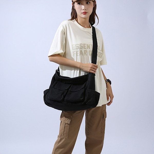 Konstnärlig och unisex skolcrossbody axelväska i solid färg med stor kapacitet, casual canvas studentväska för både pojkar och flickor Beige