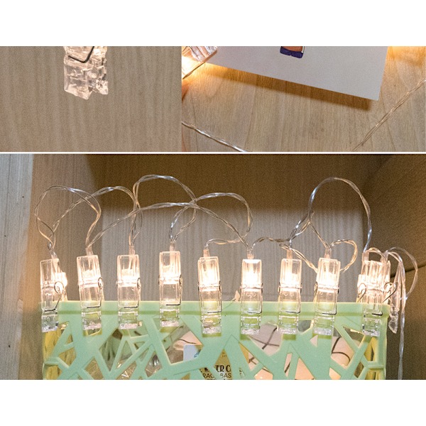 Klippljussträng LED batteridriven ljussträng fotoklämmor 10 lampor i belysning transparenta plastklipp varm färg batteridriven ljus hängande fotoklämmor