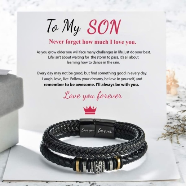 Till Min Son, Handgjort Läderarmband med Flätat Multilager, Mäns Läderarmband, Vintage Läderarmband, Personlig Gravyr, Rostfritt Stål Armband (FMY)