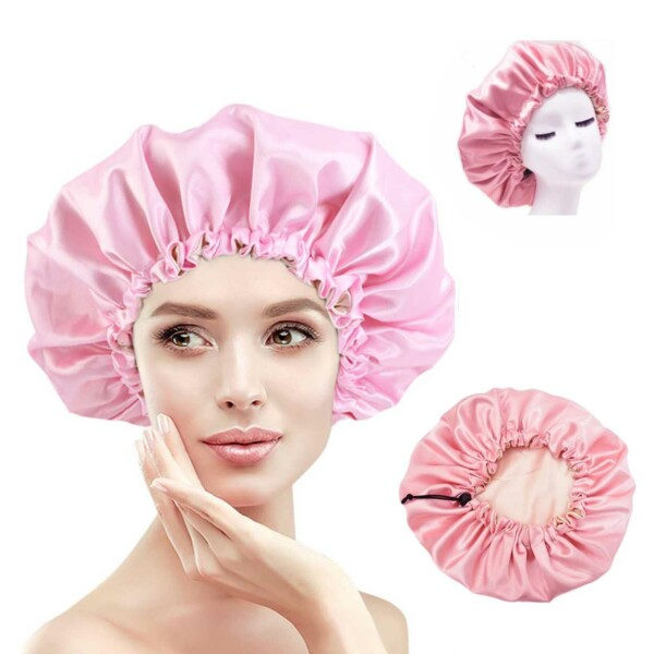 Satin Hårvårdsmössa Bonnet - Justerbar Sleep Cap Rosa rosa pink