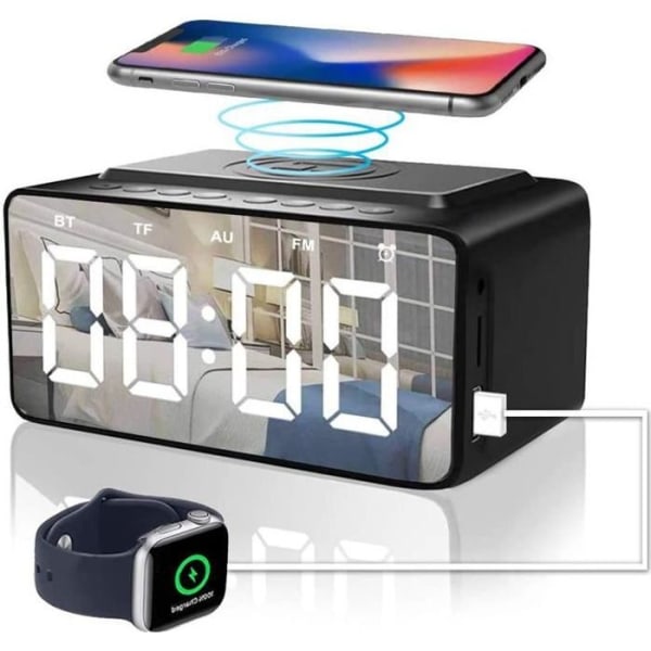 Klockradio med Bluetooth-högtalare, väckarklockor vid sängen, batteribackup och strömförsörjd USB-port som används som trådlös laddare