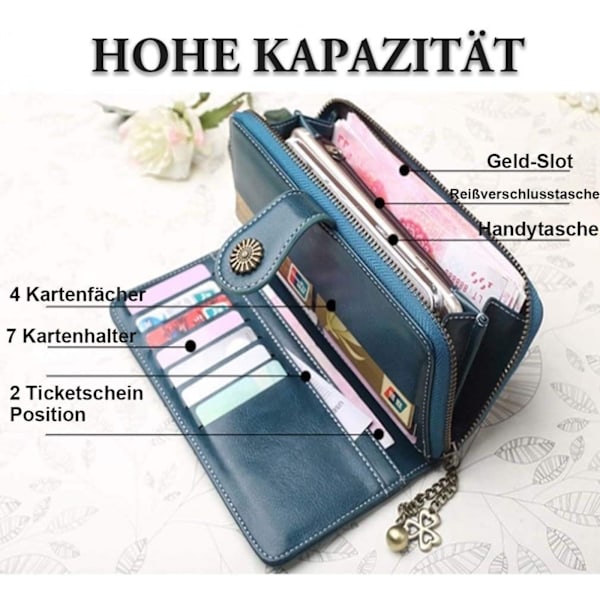 Trendig ny oljeläder plånbok för kvinnor, stor plånbok i retro-stil med sedelklämma, handväska med blixtlås, oljevaxläder telefonväska