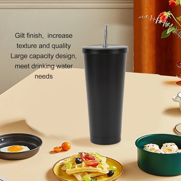 Rostfritt stål mugg med sugrör Stor kapacitet Termiskt isolerad Bärbar Vattenmugg för Utomhussporter Resor Svart 750ml