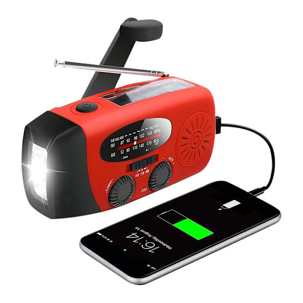 Vevradio med Solceller / Ficklampa - 2000mAh Powerbank - Röd red