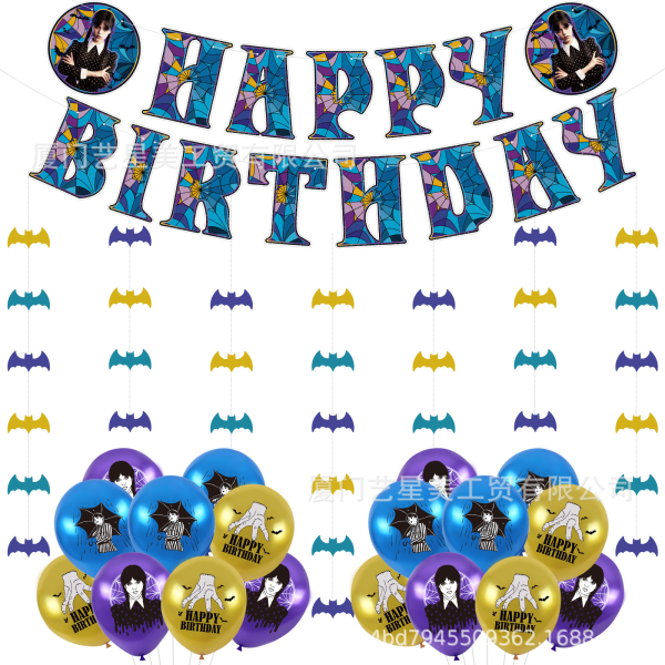 Onsdag Adams tema födelsedagsfest dekoration kit, ballonger Y5