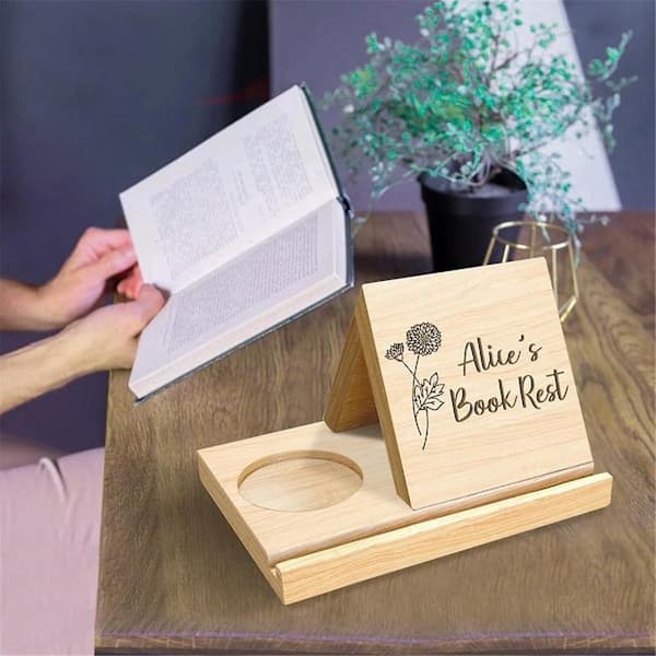 Personalized Wooden Triangle Book Stand with Cup Holder, Customized Bookmark with Birth Flower Navy Blue