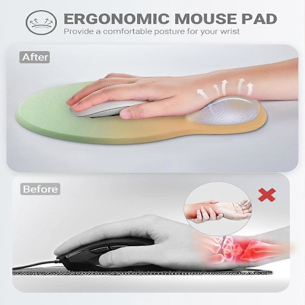 Ergonomisk musemåtte håndledsstøtte, behagelig musemåtte håndledsstøtte, aflast håndledssmerter gel musemåtte, skridsikker (gradient gul grøn)