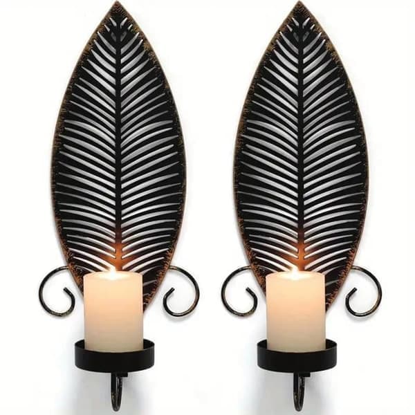 2-pack Metal Wall Sconces – Rustic Table & Wall Decoration without Candles with Leaf Pattern for Home