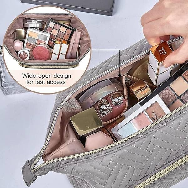 Rejsetaske til makeup, kosmetiktaske stor bred åbning makeuptaske sort grå