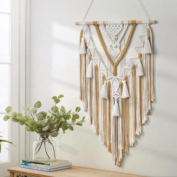 Makramévevd Veggdekor Boho Geometrisk Veving Beige & Gul Bomull Håndlaget Bohemsk Kunstdekor