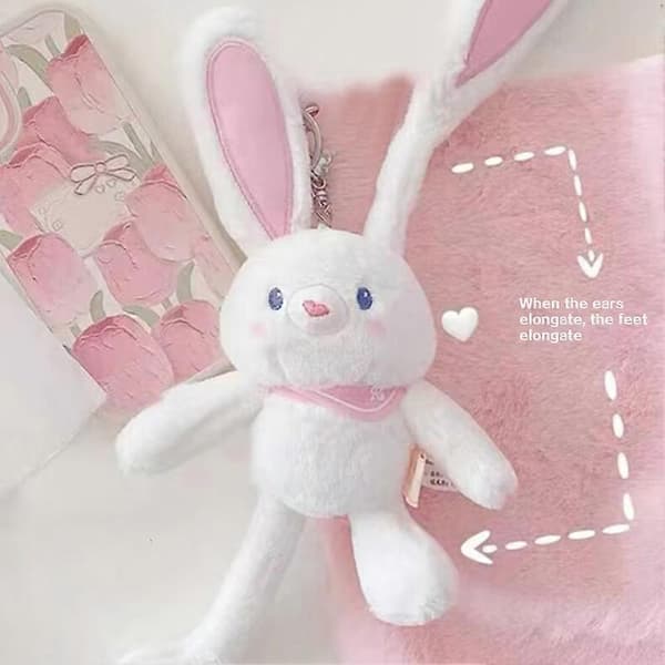 Pull Up Bunny Plysjleketøy, Pull Up og Ned Elastisk Design Påskehare Plysjleketøy, Påskehare Nøkkelring White