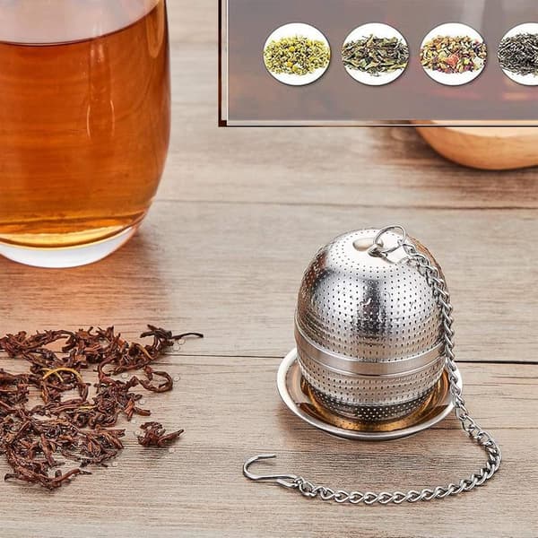 Teinfuser för löst te, teinfuser i rostfritt stål, te- och örtbollssil, tebollssilinfuser med droppbrickor