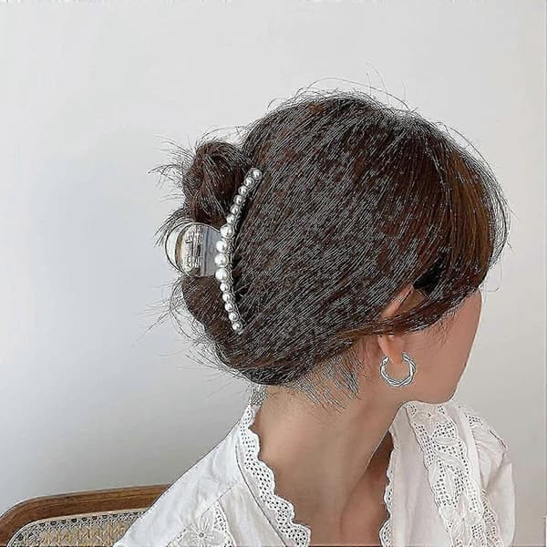 Store Perle Hårklemmer - 5 Styk Sæt: Hvide & Sorte Håraccessories til Tykt Langt Hår