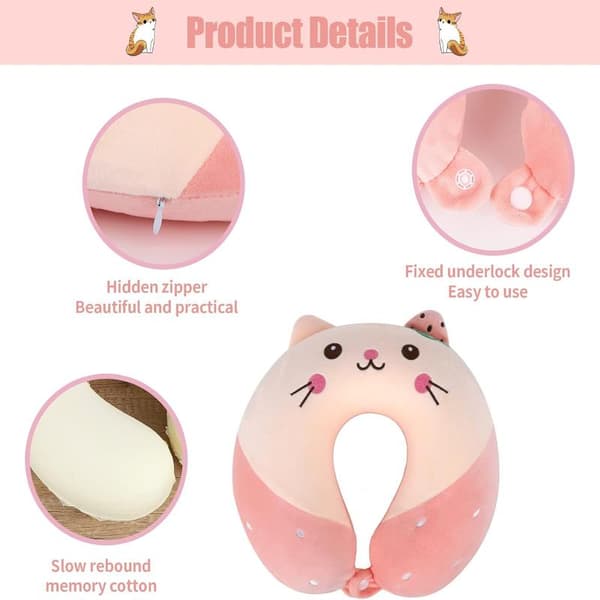 Resekudde Tecknad Djur Nackstöd Kudde Memory Foam Nackkudde U-formad Elasticitet Barn Resekudde Bärbar (Katt)[YD]