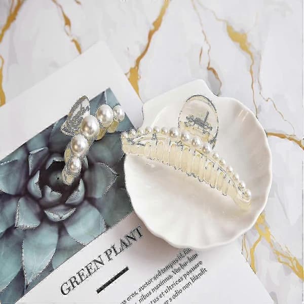Store Perle Hårklemmer - 5 Styk Sæt: Hvide & Sorte Håraccessories til Tykt Langt Hår