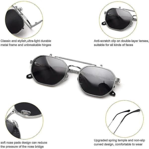Bebetter Flip Up Solglasögon Män Kvinnor Polariserade Steampunk Flip Solglasögon Med Dubbla Linser Silver Frame-Gray Lens