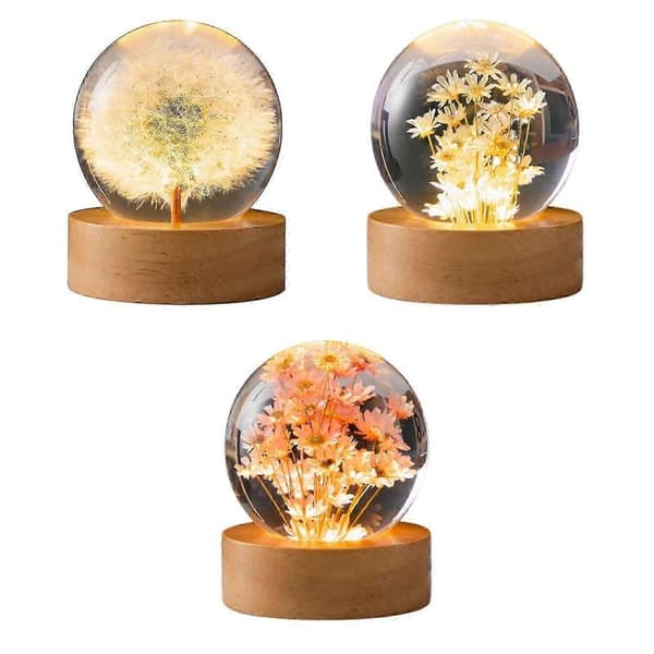 2026 Lysende Krystallkule Roterende Nattlys med Trebase og Evig Blomst Yellow Daisy