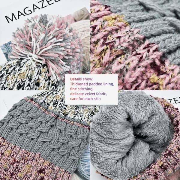 Dam vintermössa, Pom Beanie, Vintermössa, Dam lös mössa, Varm stickad stretchmössa, Ljusgrå
