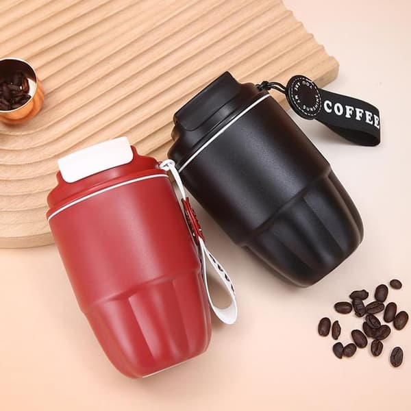 Kaffetermos, Mini Isolerad Kaffemugg, Rostfritt Stålfoder + Dubbel Pip för Drickande, Läcksäker, 320 ml Black