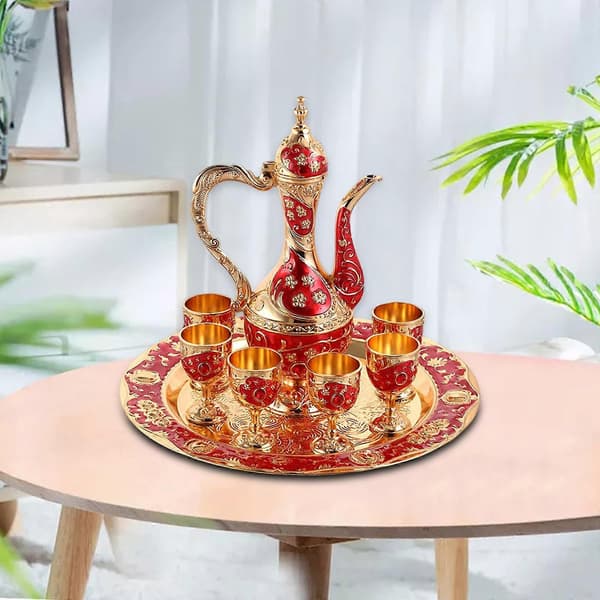 Tekannesett med drikkekopper Kaffeserveringssett Hjemmekunsthåndverk til bryllup Red