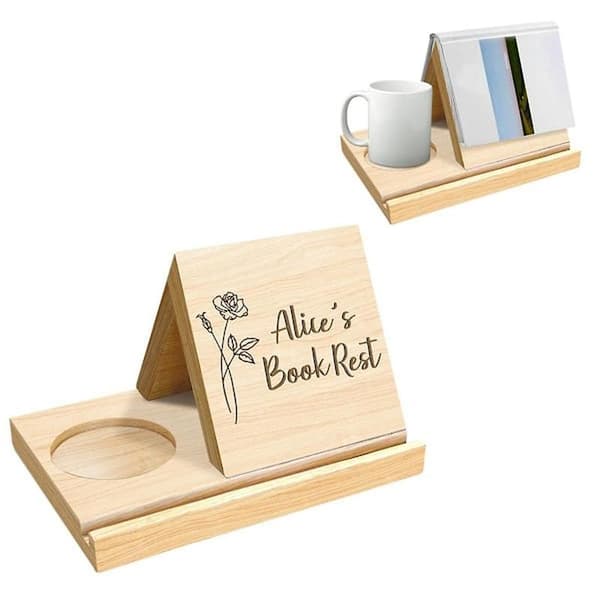 Personalized Wooden Triangle Book Stand with Cup Holder, Customized Bookmark with Birth Flower Navy Blue