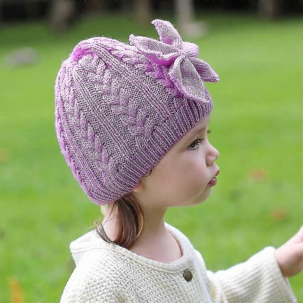 Varm strikket vinterlue for babyjenter, bomullsforet babylue for jenter Purple