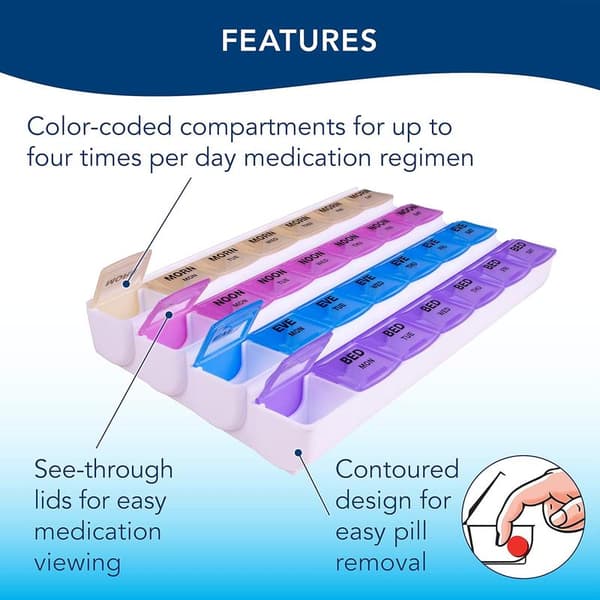 Weekly Pill Organizer, 4 Times a Day Color-Coded, Easy Open, Clear Lids