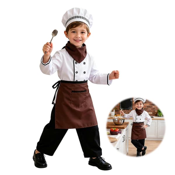 Kockdräkt för barn – Förkläde och mössa ingår – för rollspel och matlagningsaktiviteter 140cm A