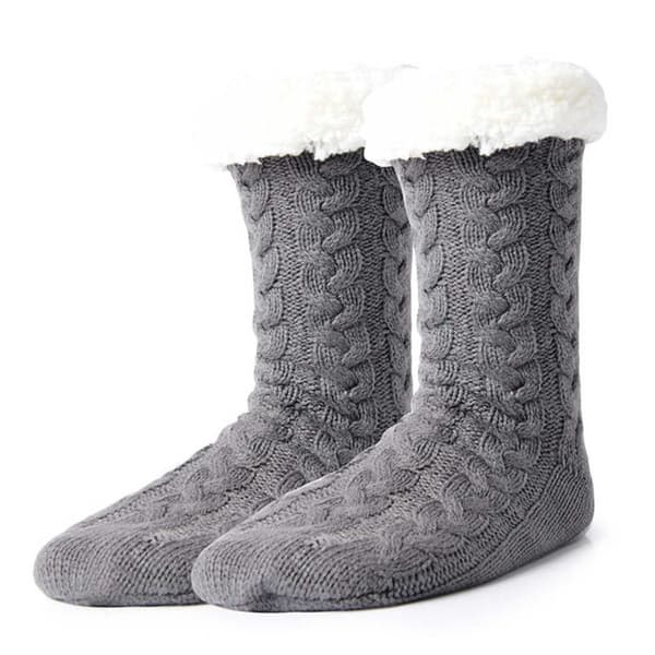 Fuzzy Varma Stickade Toffelsockor med Halkskydd Grå