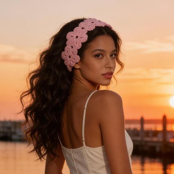 Solid Color Crocheted Flower Headband - Women's Fashion Headband, Soft Polyester Beige
